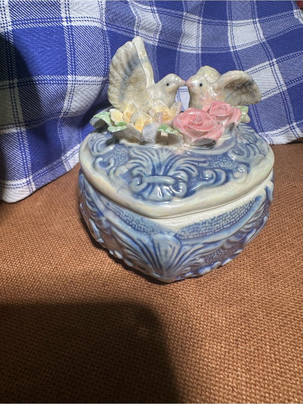 Lusterware Blue Ceramic Heart Trinket Box with Pink Rose & Dove Accent